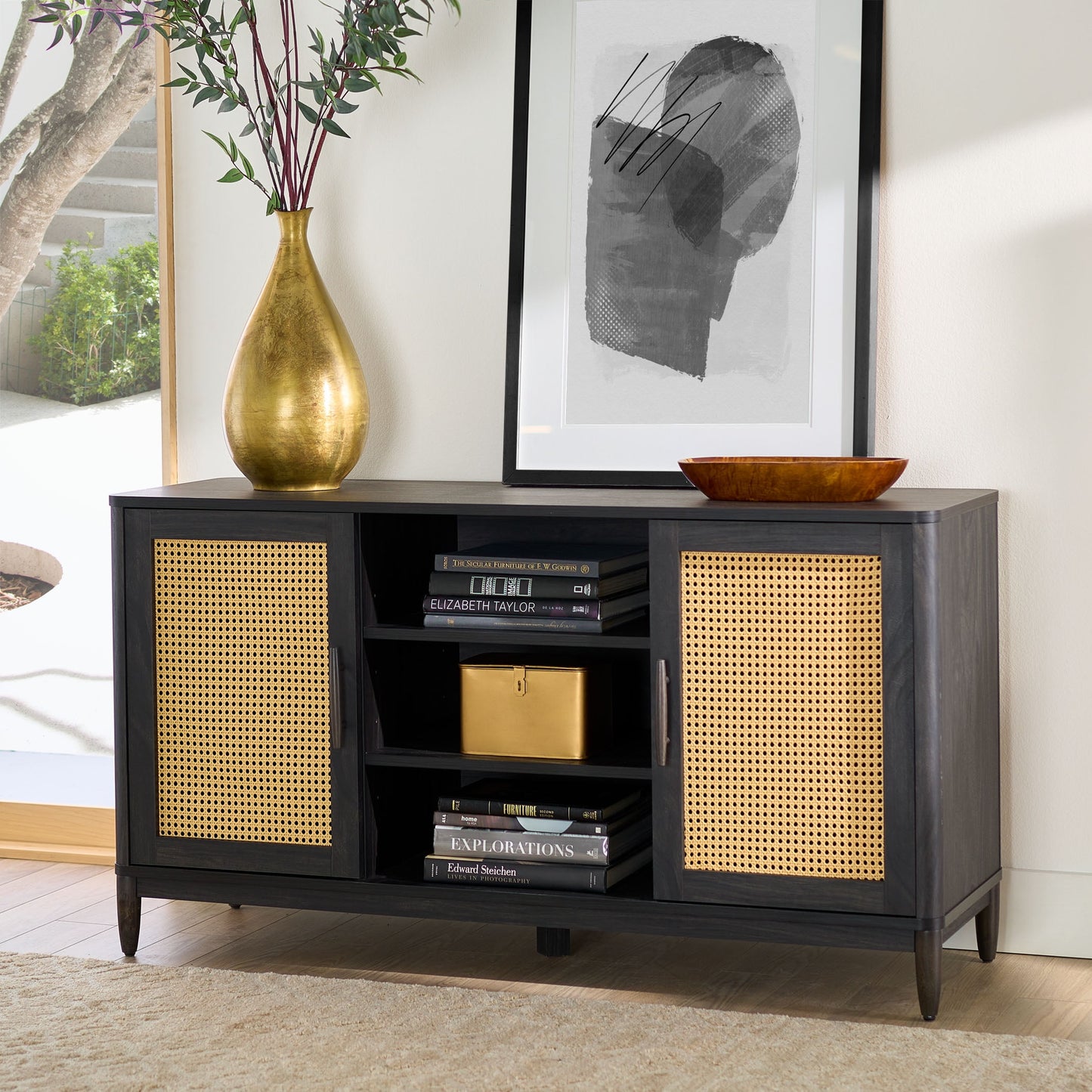 Springwood Cane TV Stand for Tv'S up to 65", Charcoal Finish